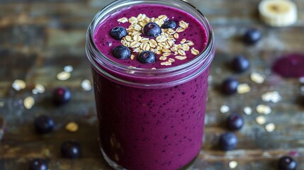 Fresh and vibrant berry smoothie topped with oats and blueberries in a glass jar against a rustic wooden backdrop, perfect for healthy lifestyle and nutritious food lovers.