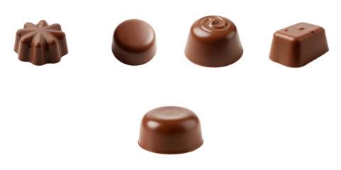 assorted chocolate candies in various shapes isolated on a transparent background featuring a smooth glossy finish and intricate designs on surface