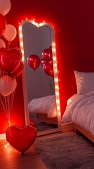 Romantic bedroom scene with illuminated heart-shaped mirror, red balloons, and soft lighting creating an intimate Valentine's Day atmosphere of love and passion