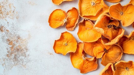 Vibrant dried persimmon slices artfully arranged on a light textured background, showcasing the fruit's rich golden-orange hues and delicate translucent texture.