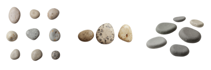 Collection of assorted pebble stones in various shapes and colors completely isolated on a transparent background suitable for design and natural themes