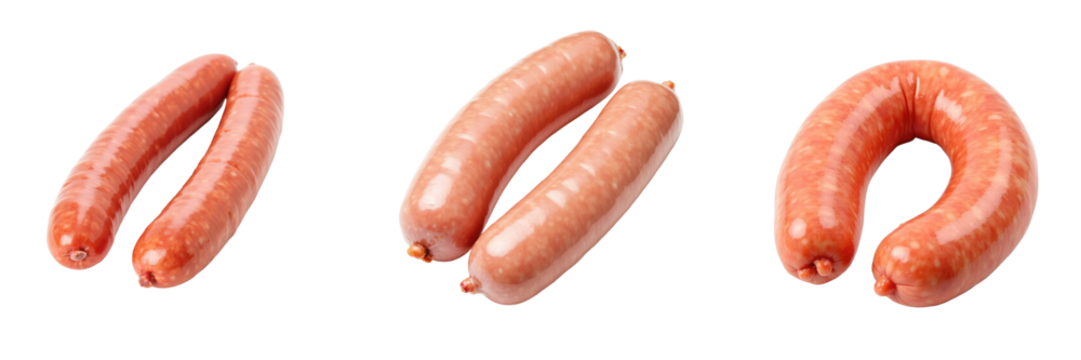 Raw sausages in various shapes including curved and straight forms, isolated on a transparent background for clear visibility and versatile use in culinary and food-related designs.