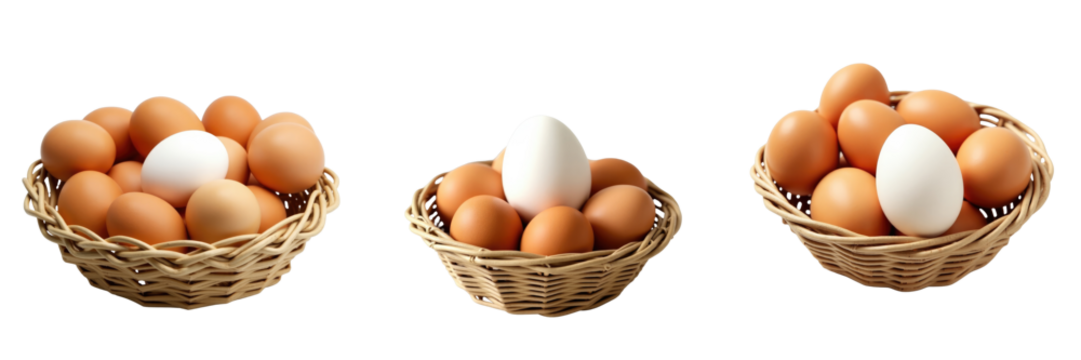 Transparent egg positioned in center of three baskets filled with brown eggs isolated on transparent background highlighting the contrast and texture of the eggs.