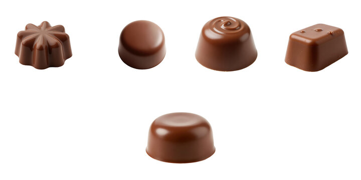 assorted chocolate candies in various shapes isolated on a transparent background featuring a smooth glossy finish and intricate designs on surface