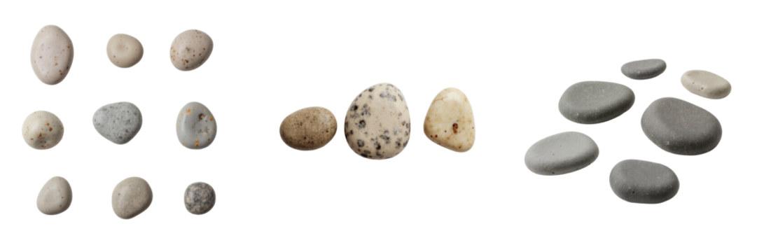 Collection of assorted pebble stones in various shapes and colors completely isolated on a transparent background suitable for design and natural themes
