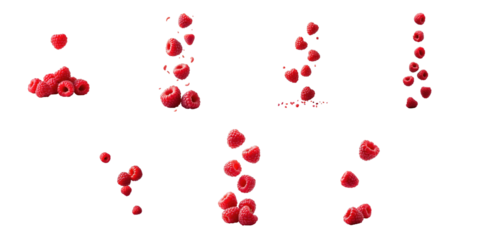 Collection of falling fresh ripe raspberries in various positions on a transparent background with high detail and clarity for food and beverage design themes