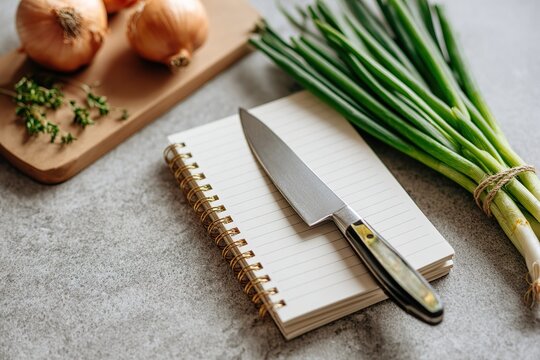 Fresh vegetables and a knife ready for cooking in a green themed kitchen setting