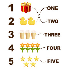 Match the numbers with the words - educational counting game for children. Vector illustration