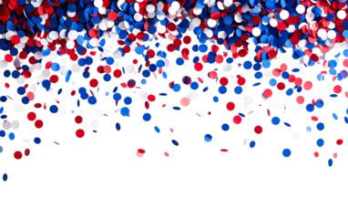 American flag-themed round confetti falling from above against a transparent background; PNG