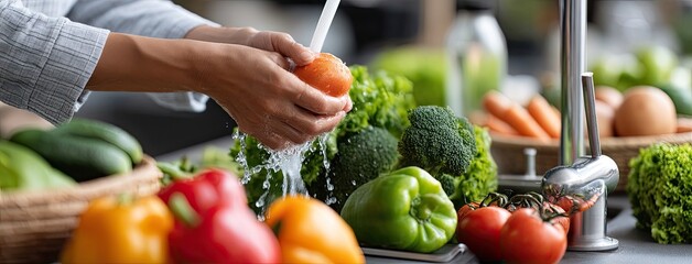 Hands wash green broccoli under running water in a bright modern kitchen, surrounded by vibrant bell peppers and leafy greens