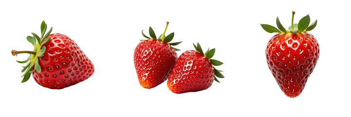 Fresh red strawberries with green leaves isolated on transparent background, showcasing three different angles of strawberries in various arrangements.
