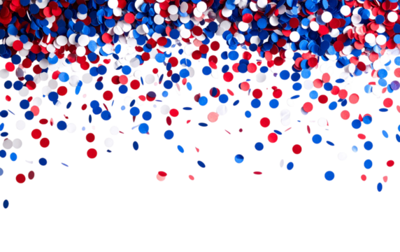 American flag-themed round confetti falling from above against a transparent background; PNG