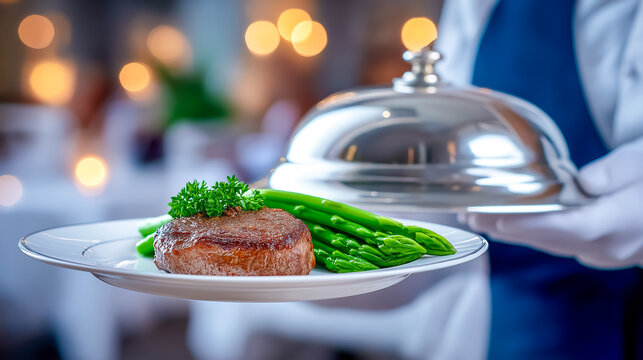 Waiter serves gourmet steak with asparagus on elegant plate in upscale restaurant. Warm bokeh lighting creates inviting atmosphere. Concept of fine dining, culinary arts, gastronomy