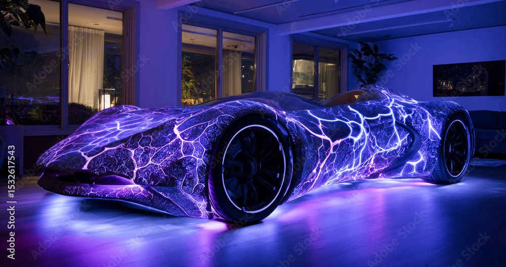 Poster A futuristic bioengineered vehicle is illuminated with vibrant light patterns, highlighting its sleek design and muscular structure. It is located indoors, demonstrating advanced movement technology.