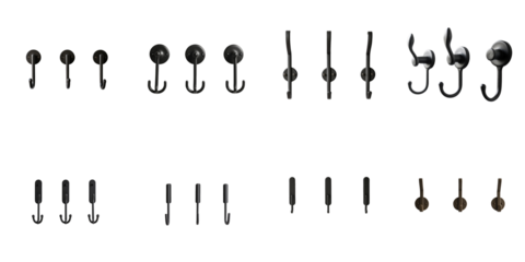 variety of modern hooks arranged on transparent background showcasing different designs and finishes for functional home organization and interior decoration