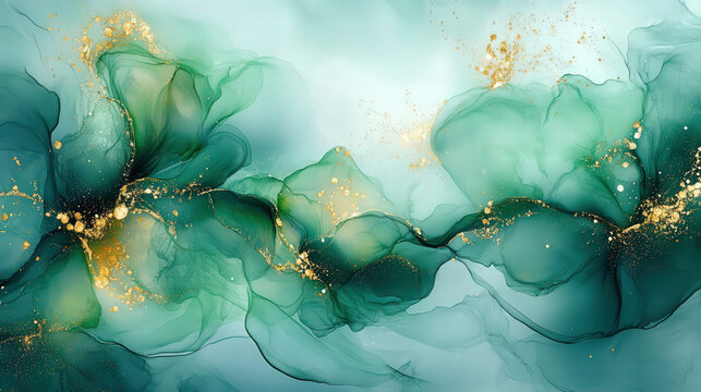 Abstract flower background in turquoise blue and gold foil, elegant floral pattern for seasonal greetings card, wedding invitation, birthday stationery, luxury packaging design.