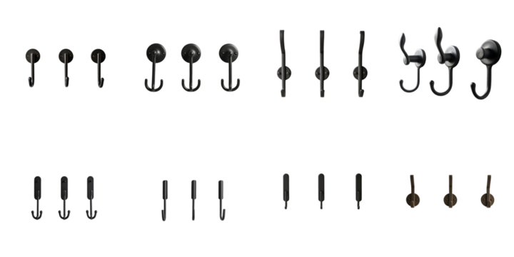 variety of modern hooks arranged on transparent background showcasing different designs and finishes for functional home organization and interior decoration