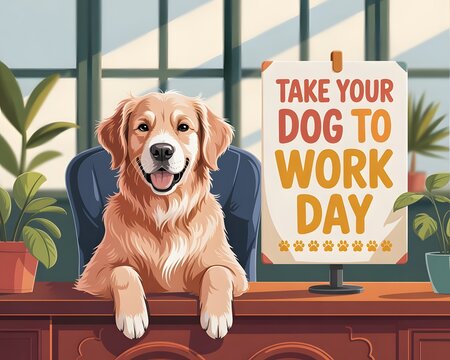 Happy Golden Retriever Dog at Desk for Take Your Dog to Work Day. A cheerful golden retriever sits at a desk, poised as if ready for work. 