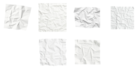 Collection of six crumpled white paper textures on transparent background arranged in grid pattern highlighting varying degrees of wrinkling and folds suitable for design applications