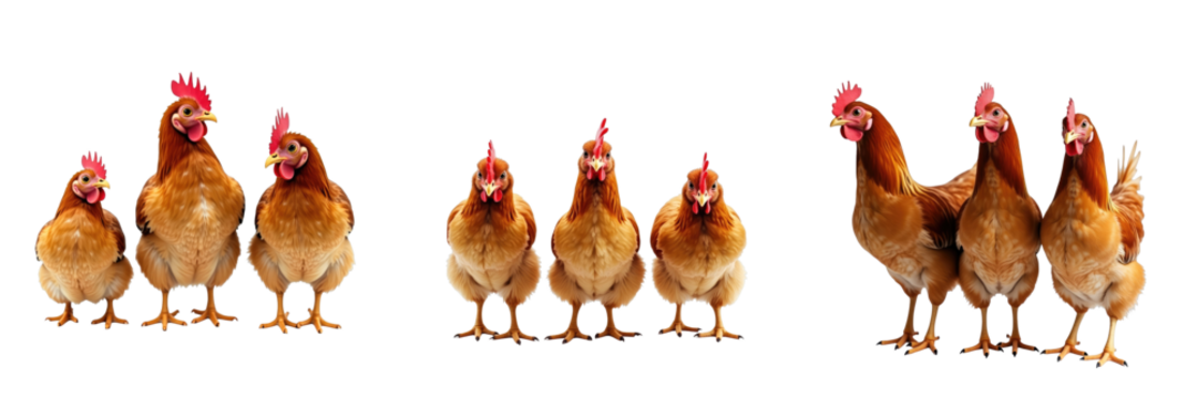 Three groups of chickens standing together with different heights and poses, isolated on a transparent background for versatile use in design projects.