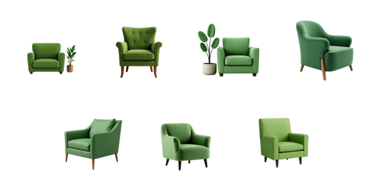 Collection of various green armchairs and potted plant isolated on a transparent background showcasing different styles and designs in a cohesive arrangement