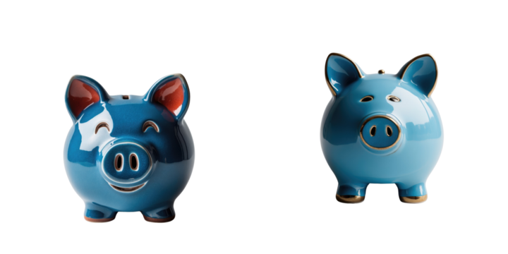 Ceramic blue piggy bank with smile and wink design displayed from two angles isolated on transparent background with no distractions.