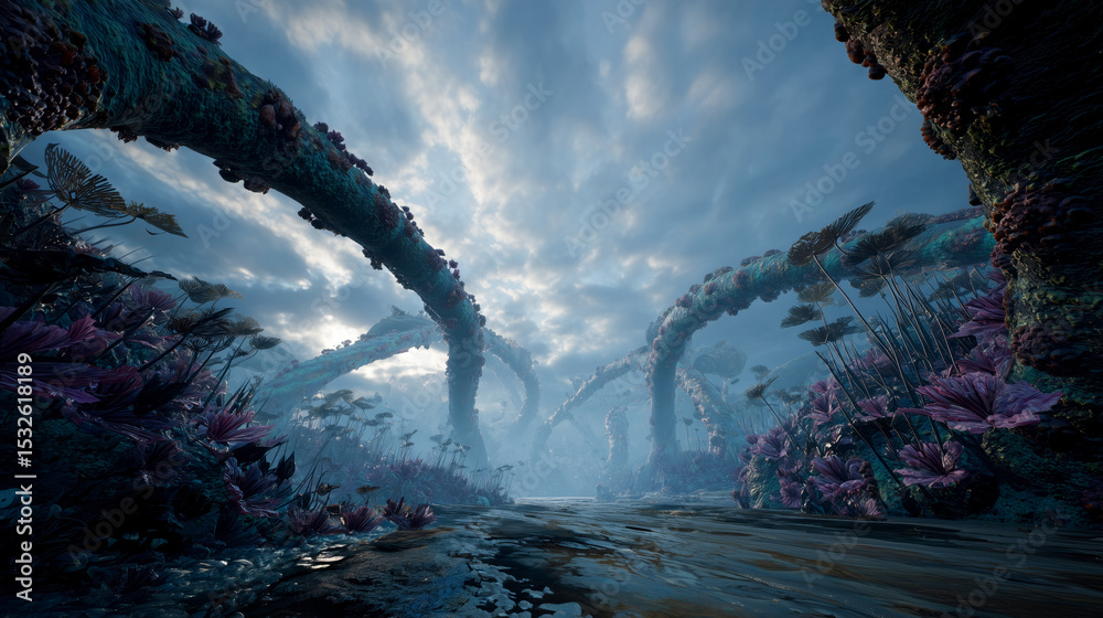 Poster A bioengineer explores a surreal landscape where artificial biotissue intertwines with flora.