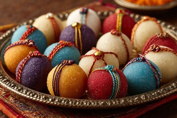 Colorful Indian sweets decorated with rakhi threads on a silver tray