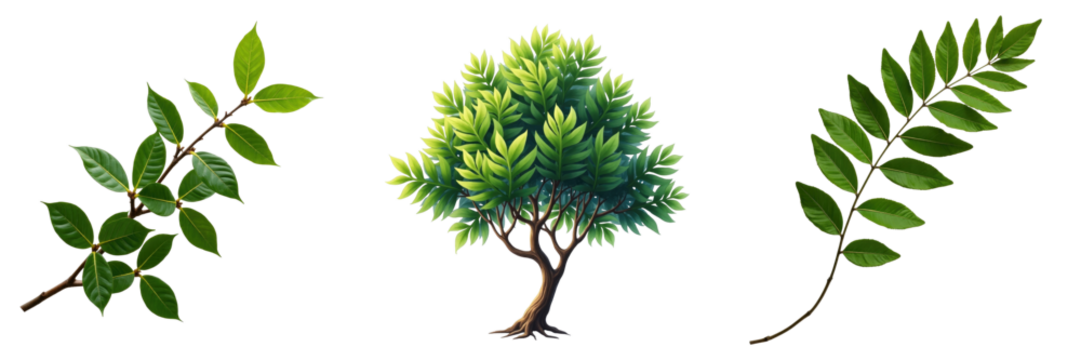 Tropical tree and foliage composition featuring detailed branches and leaves on a transparent background suitable for design and nature themed projects