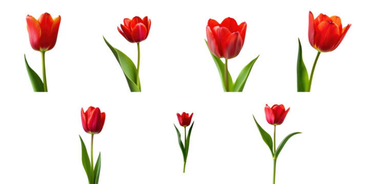 Collection of multiple red tulips in various stages of bloom with green leaves against a transparent background highlighting their vibrant color and delicate details