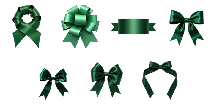 assorted dark green ribbons and bows on transparent background featuring various styles and shapes elegant design elements for decoration and gift wrapping