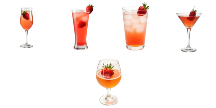 assorted cocktails with strawberries showcasing diverse glassware and colorful drinks on a transparent background ideal for beverage promotional content