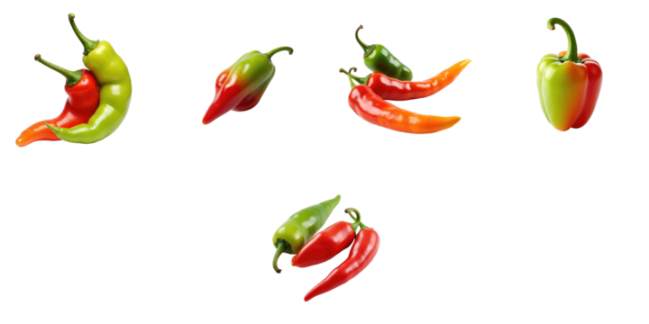 variety of whole multicolored spicy peppers including red green and orange isolated on transparent background arranged in different orientations showcasing their shapes and colors