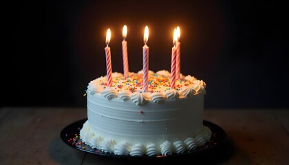 A white birthday cake with four lit candles and colorful sprinkles