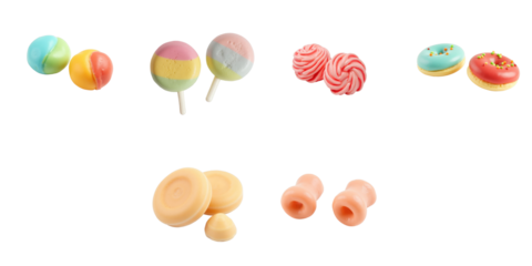 Collection of colorful plasticine candy pieces on a transparent background featuring candies lollipops donuts and marshmallows arranged in a playful layout