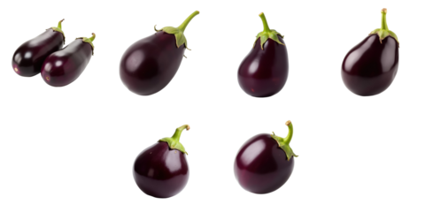 Fresh eggplant vegetables displayed in various orientations on a transparent background showcasing different shapes and sizes of the purple fruit