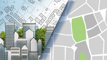 URBAN PLANNING AND CADASTRAL MAP WITH GREEN PARK, trees, residential buildings and real estate zoning for housing development in modern cityscape - Concept of territory and land use