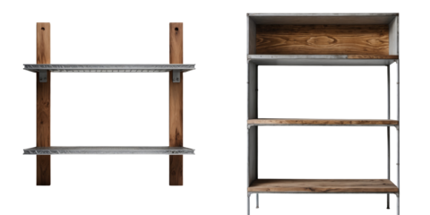 Metal and wood shelves isolated on transparent background showcasing modern industrial design elements with multiple storage levels and strong structural details