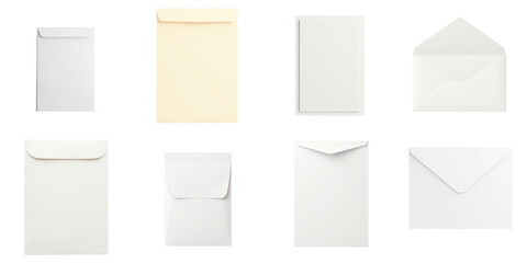 Various A4 envelope mockup templates in different orientations and colors displayed against a transparent background including white and cream envelopes in flat and opened positions
