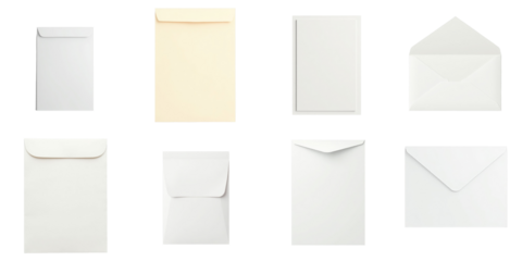 Various A4 envelope mockup templates in different orientations and colors displayed against a transparent background including white and cream envelopes in flat and opened positions
