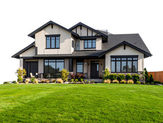 Modern Suburban House with Lush Green Lawn, Transparent Background