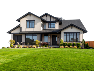 Modern Suburban House with Lush Green Lawn, Transparent Background