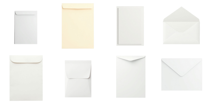 Various A4 envelope mockup templates in different orientations and colors displayed against a transparent background including white and cream envelopes in flat and opened positions