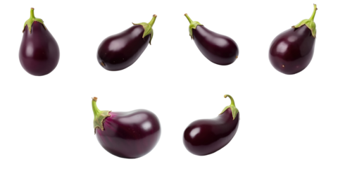 Fresh organic eggplants of various angles presented on a transparent background highlighting their glossy purple skin and green calyx details. Ideal for food and cooking themes.
