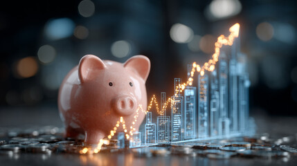 Pink piggy bank stands on coins with glowing upward arrow and cityscape, symbolizing financial growth and investment success
