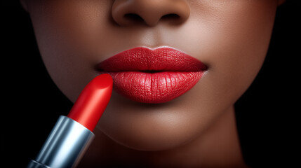 Woman applies vibrant red lipstick with precision in a beautifully lit space