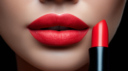 Close-up of smooth full lips with vibrant red lipstick being applied. Dark background accentuates color and texture, conveying concepts of beauty, cosmetics, personal care