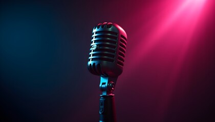 A vintage microphone with a spotlight on a dark background