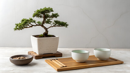 Minimalist composition with a bonsai tree and ceramic bowls arranged on the left side of a clean white surface, leaving empty copy space on the right. Ideal for product mockups, branding, and interior