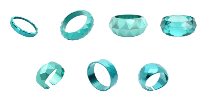 set of eight turquoise bracelets in various geometric shapes and styles isolated on transparent background for jewelry design and display